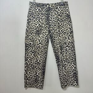 Mint Velvet Leopard Cargo Pants Denim Wide Leg Trouser Sz 12 Short Cropped Jeans